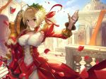  1girl aestus_estus ahoge architecture arm_at_side arm_guards arm_up armpit_peek backlighting bangs blonde_hair blue_sky braid breasts building cleavage_cutout closed_eyes clouds day dress erect_nipples eyebrows_visible_through_hair green_eyes hair_ribbon head_wreath holding holding_sword holding_weapon juliet_sleeves kazto_furuya large_breasts long_sleeves looking_at_viewer nero_claudius_(fate) nero_claudius_(fate)_(all) petals puffy_sleeves railing red_dress red_ribbon ribbon rose_petals shiny shiny_hair short_hair shoulder_armor sky solo sunlight sword temple vambraces weapon 