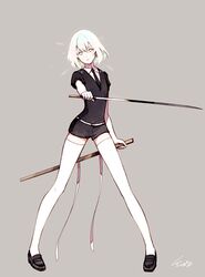  1other akagi_shun black_footwear black_neckwear black_vest blue_hair closed_mouth collared_shirt commentary diamond_(houseki_no_kuni) english_commentary full_body grey_background grey_eyes grey_hair head_tilt holding holding_sword holding_weapon houseki_no_kuni katana legs_apart looking_at_viewer multicolored_hair necktie pigeon-toed scabbard sheath shiny shiny_hair shirt shoes short_hair signature simple_background solo standing sword thigh-highs vest weapon white_legwear white_shirt wing_collar 