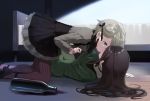  2girls all_fours ange_(princess_principal) ankle_strap bed black_footwear black_gloves black_ribbon blue_eyes bottle braid brown_hair dorothy_(princess_principal) dress french_braid fur_collar gloves green_dress grey_hair hair_ribbon hands_on_another&#039;s_face high_heels kiss long_hair long_sleeves lying multiple_girls niina_ryou on_back on_floor pantyhose princess_principal ribbon ribbon_legwear wooden_floor yuri 