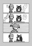  2girls 4koma animal_ears breast_pocket comic crossed_arms drawing elbow_gloves emphasis_lines eye_contact fur_collar gloves grey_wolf_(kemono_friends) greyscale head_wings heterochromia highres ink_bottle kemono_friends kotobuki_(tiny_life) long_hair looking_at_another monochrome multiple_girls necktie pantyhose parted_lips pocket quill shoebill_(kemono_friends) short_sleeves shorts side_ponytail simple_background standing white_background wolf_ears 