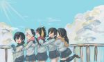  1boy 5girls alternate_costume black_hair blonde_hair blush check_commentary commentary commentary_request emperor_penguin_(kemono_friends) fang gentoo_penguin_(kemono_friends) grape-kun highlights hug hug_from_behind humboldt_penguin_(kemono_friends) kajitsu_ohima kemono_friends long_hair long_sleeves multicolored_hair multiple_girls neckerchief pink_hair pleated_skirt redhead rockhopper_penguin_(kemono_friends) royal_penguin_(kemono_friends) scarf school_uniform serafuku short_hair skirt thigh-highs twintails 