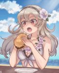  1girl bikini_top blue_sky breasts cleavage clouds day eating fang female_my_unit_(fire_emblem_if) fire_emblem fire_emblem_heroes fire_emblem_if flower food hair_flower hair_ornament hairband hamburger long_hair medium_breasts my_unit_(fire_emblem_if) open_mouth pinepizza plate pointy_ears red_eyes sky solo water white_hair wreath 