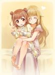  2girls ^_^ bangs barefoot beatrice_(princess_principal) bed blonde_hair blunt_bangs blush brown_eyes brown_hair clenched_hands closed_eyes double_bun eyebrows_visible_through_hair flying_sweatdrops frills hair_flaps heart long_hair long_sleeves multiple_girls nightgown niina_ryou on_bed open_mouth princess_(princess_principal) princess_principal short_hair short_sleeves sitting sitting_on_bed sitting_on_lap sitting_on_person smile 
