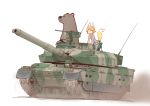  1boy 1girl animal animal_ears bear blonde_hair fox_ears fox_tail ground_vehicle gun machine_gun meijou_inurou military military_vehicle motor_vehicle original short_hair tail tank type_10_(tank) weapon white_background 