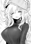  1girl =_= baseball_cap breasts closed_eyes dragon_girl dragon_horns emphasis_lines hat horns kobayashi-san_chi_no_maidragon kyuusui_gakari large_breasts long_hair monochrome open_mouth quetzalcoatl_(maidragon) smile solo 