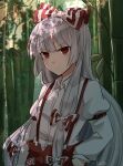  1girl :/ arm_at_side arm_up artist_name baggy_pants bamboo bamboo_forest bangs blunt_bangs breasts buckle closed_mouth collared_shirt commentary_request day eyebrows_visible_through_hair eyelashes forest fujiwara_no_mokou hair_ribbon hand_in_pocket highres koto_(shiberia39) leaf long_hair long_sleeves looking_at_viewer medium_breasts nature ofuda ofuda_on_clothes outdoors pants red_eyes red_pants ribbon serious shirt sidelocks silver_hair solo standing suspenders touhou tress_ribbon two-tone_bow upper_body white_shirt wing_collar 