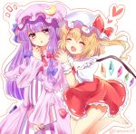  2girls :o ^_^ artist_name ascot barefoot bent_knees blonde_hair blue_bow blush book bow capelet closed_eyes commentary_request cowboy_shot crescent crescent_hair_ornament crystal dress eyebrows_visible_through_hair fang flandre_scarlet frilled_bow frilled_capelet frilled_shirt_collar frills hair_between_eyes hair_bow hair_ornament hand_up hat hat_bow heart highres holding holding_book long_hair long_sleeves looking_at_another mob_cap multiple_girls neck_ribbon open_mouth orange_border parted_lips patchouli_knowledge petticoat puffy_short_sleeves puffy_sleeves purple_capelet purple_dress purple_hair purple_hat ramudia_(lamyun) red_bow red_neckwear red_ribbon red_skirt red_vest ribbon short_hair short_sleeves side_ponytail sidelocks simple_background skirt standing striped touhou twitter_username vertical-striped_dress vertical_stripes vest violet_eyes white_background white_hat wings wrist_cuffs yellow_neckwear yuri 