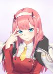  1girl absurdres aqua_eyes bangs darling_in_the_franxx double-breasted eyebrows_visible_through_hair eyeshadow hairband highres horns jacket_on_shoulders makeup military military_uniform orange_neckwear pink_hair reechio shiny shiny_hair smile straight_hair uniform v white_hairband zero_two_(darling_in_the_franxx) 
