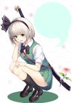  1girl adjusting_hair ass bent_knees black_bow black_footwear black_hairband black_neckwear black_ribbon bob_cut bow breasts commentary_request eyebrows_visible_through_hair flower green_eyes green_skirt green_vest hair_ribbon hairband hitodama katana kneehighs konpaku_youmu konpaku_youmu_(ghost) loafers looking_at_viewer miniskirt neck_bow noe_noel open_mouth pink_flower pleated_skirt puffy_short_sleeves puffy_sleeves ribbon sheath sheathed shirt shoes short_hair short_sleeves silver_hair simple_background skirt small_breasts smile solo squatting sword touhou vest weapon white_background white_shirt wings 