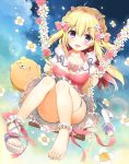  1girl amanatsu_purin_(yadapot) ankle_scrunchie bangs barefoot blonde_hair blush bow breasts cleavage collarbone commentary_request dress dutch_angle eyebrows_visible_through_hair fingernails flower hair_between_eyes hair_bow hair_flower hair_ornament hairclip high_heels holding long_hair looking_at_viewer medium_breasts nail_polish original pink_bow pink_dress pink_flower pink_nails pink_rose puffy_short_sleeves puffy_sleeves rose sandals scrunchie shoes short_sleeves single_shoe sitting solo swing toenail_polish toenails two_side_up very_long_hair white_flower white_footwear white_scrunchie yadapot 