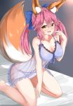  1girl :d absurdres animal_ears babydoll bangs bare_arms bare_shoulders barefoot bed_sheet between_legs blue_bow blue_panties bow breasts brown_hair cleavage collarbone commentary_request eyebrows_visible_through_hair fate/extra fate_(series) fox_ears fox_girl fox_tail hair_between_eyes hair_bow hand_between_legs hand_up highres large_breasts leaning_forward long_hair looking_at_viewer moyoron open_mouth panties pink_hair see-through side-tie_panties smile solo tail tail_raised tamamo_(fate)_(all) tamamo_no_mae_(fate) twintails underwear very_long_hair 
