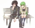  1boy 1girl bench black_jacket black_pants blue_legwear brown_hair c.c. code_geass couple covered_mouth creayus eyebrows_visible_through_hair green_hair hand_on_own_face jacket legs_apart lelouch_lamperouge long_hair long_sleeves looking_at_another low_twintails pants shoes sitting smile socks sweatdrop twintails violet_eyes yellow_eyes 