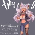  1girl :d asymmetrical_clothes background_text bandeau bell black_jacket blush breasts cleavage collar dark_skin dated denim fangs feet_out_of_frame fishnet_legwear fishnets fur-trimmed_jacket fur-trimmed_sleeves fur_trim grey_background hair_bell hair_ornament happy_halloween heriwo_(haraheridou) jacket jeans jingle_bell large_breasts legs_apart long_hair long_sleeves looking_at_viewer navel open_clothes open_jacket open_mouth original pants pink_hair single_pantsleg single_thighhigh smile solo spiked_collar spikes stomach tareme tattoo thigh-highs translation_request twitter_username v-shaped_eyebrows very_long_hair 