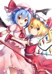  2girls ascot bat_wings blonde_hair blue_hair brooch commentary_request dress eyebrows_visible_through_hair feet_out_of_frame flandre_scarlet frilled_dress frilled_shirt_collar frills hair_between_eyes hat hat_ribbon highres holding holding_spear holding_weapon jewelry looking_at_viewer mob_cap multiple_girls open_mouth parted_lips pink_dress polearm puffy_short_sleeves puffy_sleeves red_eyes red_neckwear red_ribbon red_skirt red_vest remilia_scarlet renka_(cloudsaikou) ribbon short_hair short_sleeves siblings side_ponytail simple_background sisters skirt smile spear spear_the_gungnir standing touhou vest weapon white_background wings wrist_cuffs yellow_neckwear 