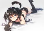  1girl animal_ears black_hair blue_eyes commentary commentary_request long_hair looking_at_viewer mmu original shoes smile solo thigh-highs 