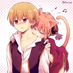  &gt;_&lt; 1boy 1girl a4_(drpnd) ahoge animal_ears bent_over biting blonde_hair blush cat_ears cat_tail collarbone dress eyebrows_visible_through_hair fangs gintama hands_on_another&#039;s_shoulders head_tilt jitome kagura_(gintama) musical_note okita_sougo orange_hair parted_lips red_dress red_eyes short_hair sweatdrop tail twitter_username v-shaped_eyebrows 