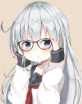  1girl :o bespectacled black-framed_eyewear blush brown_background commentary_request glasses hibiki_(kantai_collection) highres kantai_collection long_hair long_sleeves looking_at_viewer no_hat no_headwear noeru_(gt17854) school_uniform serafuku silver_hair simple_background solo upper_body 