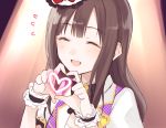  1girl :d arm_garter bangs blunt_bangs blush brown_hair chisumi closed_eyes eyebrows_visible_through_hair facing_viewer flying_sweatdrops hands_up hat heart heart_hands idolmaster idolmaster_cinderella_girls idolmaster_cinderella_girls_starlight_stage jacket long_hair mini_hat mizumoto_yukari open_mouth smile solo spotlight white_jacket 