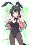  1girl animal_ears arms_up black_eyes black_hair black_legwear black_leotard black_neckwear bow bowtie breasts bunny_pose bunny_tail bunnysuit cleavage commentary_request cowboy_shot detached_collar grin kantai_collection large_breasts leotard long_hair looking_at_viewer mikage_takashi multicolored_hair naganami_(kantai_collection) pantyhose pink_hair rabbit_ears smile solo star starry_background strapless strapless_leotard tail twitter_username white_background wrist_cuffs 