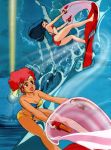  2girls 80s barefoot blue_eyes blue_hair breasts cleavage closed_eyes dirty_pair headband highres jet_ski kei_(dirty_pair) long_hair multiple_girls official_art oldschool open_mouth red_eyes red_swimsuit redhead riding scan short_hair strapless strapless_bikini swimsuit takachiho_haruka water yuri_(dirty_pair) 