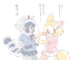  2girls animal_ears blonde_hair blue_neckwear blue_shirt bow bowtie commentary_request common_raccoon_(kemono_friends) elbow_gloves fennec_(kemono_friends) flying_sweatdrops fox_ears from_side fur_trim gloves grey_hair grey_legwear grey_skirt groping kemono_friends mitsumoto_jouji multicolored_hair multiple_girls pantyhose parted_lips pink_shirt pink_skirt pleated_skirt puffy_short_sleeves puffy_sleeves raccoon_ears raccoon_tail red_eyes satomi shirt short_hair short_sleeves simple_background skirt tail translation_request white_background yellow_neckwear yuri 