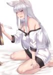 1girl animal_ears blush breasts cleavage commentary_request deras erect_nipples from_side granblue_fantasy grey_eyes grey_hair hand_up kneeling korwa large_breasts long_hair long_sleeves naked_shirt off_shoulder parted_lips quill shirt simple_background sitting smile solo white_background 