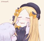  2girls :i abigail_williams_(fate/grand_order) bags_under_eyes bangs black_bow black_dress black_hat blonde_hair blush bow cheek_pinching closed_eyes dress fate/grand_order fate_(series) hair_bow hat highres horn lavinia_whateley_(fate/grand_order) long_hair long_sleeves looking_at_another multiple_girls nega-tive_otoko orange_bow parted_bangs parted_lips pinching polka_dot polka_dot_bow profile red_eyes silver_hair simple_background twitter_username very_long_hair yellow_background 