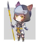  1girl animal_ears armor brown_hair fingerless_gloves gloves greaves helmet iesupa pauldrons polearm rwby rwby_chibi sandals smile solo spear weapon yellow_eyes 