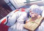  1girl asahikawa_hiyori bed bed_frame book commentary_request day habit indoors leaf long_hair long_sleeves looking_at_viewer lying on_bed on_stomach open_book original red_eyes solo vial white_hair 