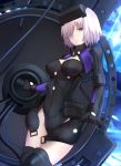 1girl bangs black_gloves black_leotard blue_sky bodysuit breasts cleavage_cutout clouds cloudy_sky diffraction_spikes eyebrows_visible_through_hair fate/grand_order fate_(series) gloves greaves groin hair_over_one_eye headgear highres holding lavender_hair leotard looking_at_viewer mash_kyrielight medium_breasts mountainous_horizon night night_sky outdoors pale_skin parted_lips shield shiguru short_hair sky solo standing star_(sky) starry_sky violet_eyes 