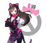  1girl animal_ears bangs bell black_bodysuit bodysuit bow breasts brown_eyes brown_hair cat_ear_headphones cat_tail character_name choker cleavage cowboy_shot crossed_arms d.va_(overwatch) facial_mark fake_animal_ears fangs hana_shiori headphones highres jewelry jingle_bell long_hair looking_at_viewer medium_breasts open_mouth overwatch pink_bow pink_ribbon ribbon ribbon_choker shoulder_pads slit_pupils smile solo sparkle standing tail twitter_username v-shaped_eyebrows whisker_markings wrist_bow 