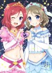  2girls ;d bangle belt blue_eyes blush bracelet choker commentary_request confetti earrings eyebrows_visible_through_hair frills gem grey_hair grin heart heart_hands jewelry koi_ni_naritai_aquarium looking_at_viewer love_live! love_live!_school_idol_project love_live!_sunshine!! midriff multiple_girls music_s.t.a.r.t!! navel necklace nishikino_maki one_eye_closed open_mouth redhead sakurai_makoto_(custom_size) short_over_long_sleeves shoulder_cutout signature single_sleeve skirt smile sparkle tiara violet_eyes watanabe_you 