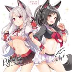  2girls :3 :d animal_ears azur_lane bangs belt belt_buckle black_hair black_sailor_collar black_shirt black_skirt blush bow braid breasts buckle cleavage closed_mouth contrapposto copyright_name cowboy_shot crop_top crop_top_overhang eyebrows_visible_through_hair fake_animal_ears fingerless_gloves gloves hand_on_hip hands_up hitsuki_rei long_hair looking_at_viewer mechanical_ears medium_breasts miniskirt multicolored multicolored_nail_polish multiple_girls nail_polish navel one_side_up open_mouth parted_bangs pink_bow pink_eyes pink_nails pleated_skirt puffy_short_sleeves puffy_sleeves red_eyes red_gloves sailor_collar shigure_(azur_lane) shiny shiny_hair shirt short_sleeves side_braid signature silver_hair skirt smile sparkle_background standing stomach tareme tattoo thick_eyebrows thighs under_boob v-shaped_eyebrows very_long_hair white_background white_sailor_collar white_shirt white_skirt wrist_cuffs yuudachi_(azur_lane) 