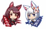 2girls akagi_(azur_lane) animal_ears azur_lane be_(o-hoho) black_hair breasts chibi cleavage commentary_request eyeliner fox_ears fox_mask fox_tail japanese_clothes kaga_(azur_lane) long_hair looking_at_viewer makeup mask multiple_girls multiple_tails pleated_skirt red_eyes short_hair simple_background skirt smile tail thigh-highs translated white_background white_hair white_legwear zettai_ryouiki 