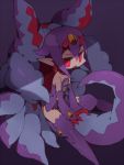  1girl bare_shoulders dress earrings elbow_gloves flat_chest gloves horns jewelry jitome looking_at_viewer open_mouth original pointy_ears purple_background purple_dress purple_hair purple_legwear red_eyes short_dress short_hair slit_pupils solo tail tentacle thigh-highs third_eye triangle_mouth yamaarashi 