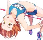  1girl :o arched_back ass bare_arms bare_shoulders blue_buruma blush buruma clothes_writing collarbone flat_chest forehead foreshortening high_jump highres horizontal_bar hoshizora_rin love_live! love_live!_school_idol_project midair no_socks open_mouth orange_hair sen_(sen0910) shoes short_hair simple_background sneakers solo sweat tareme track_and_field track_uniform white_background white_footwear yellow_eyes 