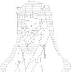  (-_-)_(b1u49i5nsk) 1girl arm_ribbon ascii_art bangs black_hair bow breasts cleavage cleavage_cutout closed_eyes dungeon_ni_deai_wo_motomeru_no_wa_machigatteiru_darou_ka eyebrows_visible_through_hair gloves greyscale hestia_(danmachi) large_breasts laughing long_hair looking_at_viewer monochrome open_mouth rei_no_himo ribbon simple_background smile solo twintails upper_body white_background white_gloves 