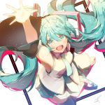  1girl :o aqua_eyes aqua_hair armpits bare_shoulders black_legwear detached_sleeves floating_hair from_above hatsune_miku headphones headset long_hair looking_at_viewer necktie open_mouth saihate_(d3) skirt sleeveless solo thigh-highs twintails very_long_hair vocaloid wide_sleeves 