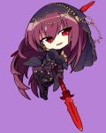  1girl absurdres bangs bodysuit breasts chibi covered_navel dg11 dual_wielding eyebrows_visible_through_hair fate/grand_order fate_(series) full_body hair_ornament high_heels highres holding large_breasts long_hair navel open_mouth pauldrons polearm purple_background purple_bodysuit purple_hair red_eyes scathach_(fate/grand_order) simple_background smile solo spear veil very_long_hair weapon 