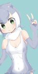  1girl cosplay elbow_gloves eyebrows_visible_through_hair fingerless_gloves gloves green_eyes grey_hair highres kemono_friends menturm1120 multicolored_hair navel one-piece_swimsuit otter_ears short_hair small-clawed_otter_(kemono_friends) small-clawed_otter_(kemono_friends)_(cosplay) smile solo swimsuit v white_hair 