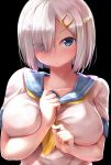  1girl between_breasts black_background blue_eyes blue_sailor_collar blush breasts closed_mouth eyebrows_visible_through_hair eyes_visible_through_hair hair_ornament hair_over_one_eye hairclip hamakaze_(kantai_collection) hand_between_breasts kantai_collection large_breasts neckerchief nicoby nose_blush sailor_collar school_uniform serafuku shiny shiny_hair shirt short_hair short_sleeves silver_hair simple_background solo upper_body white_shirt yellow_neckwear 