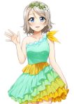  1girl :d blue_eyes collarbone commentary_request dress eyebrows_visible_through_hair grey_hair head_wreath light_blush looking_at_viewer love_live! love_live!_sunshine!! multicolored multicolored_clothes multicolored_dress open_mouth short_hair simple_background single_strap skirt_hold smile solo suzume_miku watanabe_you waving white_background 