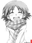  1girl :d bangs casual closed_eyes commentary coupy_pencil_(medium) eyebrows_visible_through_hair facing_viewer girls_und_panzer gofu greyscale long_sleeves monochrome motion_lines open_mouth sakaguchi_karina scarf short_hair sketch smile solo spot_color standing traditional_media upper_body v_arms watermark web_address 