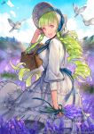  1girl :d artist_name bangs basket bird blue_sky blunt_bangs bonnet clouds dated dress drill_hair field flower flower_field frilled_dress frills full_body green_hair hand_up hat holding holding_flower jit lilac long_hair looking_at_viewer official_art open_mouth original outdoors pink_eyes quad_drills sid_story sky smile solo standing very_long_hair watermark white_dress white_hat 