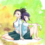  2girls akaji_(alpha0107) back-to-back bangs barefoot black_hair blunt_bangs blush boku_no_hero_academia earlobes highres jirou_kyouka looking_at_viewer multiple_girls necktie open_mouth pleated_skirt ponytail purple_hair red_neckwear shirt short_hair short_sleeves sitting skirt smile u.a._school_uniform white_shirt yaoyorozu_momo 