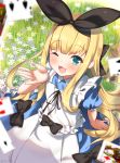  1girl ;3 apron bangs black_bow blonde_hair blue_dress blush bow card commentary dress eyebrows_visible_through_hair from_above green_eyes long_hair looking_at_viewer mononobe_alice nijisanji on_grass on_ground one_eye_closed open_mouth playing_card sidelocks solo takashiru tree_stump twitter_username very_long_hair virtual_youtuber white_apron 