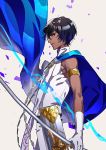  1boy arjuna_(fate/grand_order) armlet blue_cape brown_eyes brown_hair cape commentary_request dark_skin dark_skinned_male fate/grand_order fate_(series) from_side gloves grey_background highres holding holding_sword holding_weapon looking_at_viewer looking_to_the_side profile shirt simple_background sleeveless sleeveless_shirt smile solo standing sword tenobe weapon white_gloves white_shirt 