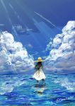  1girl akagi_shun black_hair blue_sky clouds commentary_request dress facing_away from_behind hat horizon light_rays long_hair ocean outdoors sky solo standing sun_hat twitter_username wading white_dress 