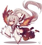  1girl :&lt; adapted_costume ahoge alternate_hairstyle baggy_pants bangs blush bow brown_eyes closed_mouth collared_shirt commentary_request expressionless fiery_wings flying fujiwara_no_mokou hair_between_eyes hair_bow high_ponytail long_hair long_sleeves looking_at_viewer looking_to_the_side midriff muuran ofuda pants ponytail red_footwear red_pants ribbon-trimmed_sleeves ribbon_trim shiny shiny_hair shirt shoes sidelocks signature silver_hair sleeves_past_fingers sleeves_past_wrists solo suspenders touhou very_long_hair white_background white_bow white_shirt 