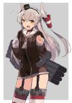  1girl :o absurdres amatsukaze_(kantai_collection) black_choker black_hat blush brown_neckwear brown_shirt choker cowboy_shot fang flying_sweatdrops garter_straps gloves grey_background grey_gloves hair_tubes hands_up hat highres kantai_collection long_hair long_sleeves looking_at_viewer mcan mini_hat neckerchief no_pants open_mouth outside_border sailor_collar see-through shirt silver_hair simple_background single_glove solo standing straight_hair striped striped_legwear thigh-highs torpedo_tubes two_side_up very_long_hair white_border white_sailor_collar 